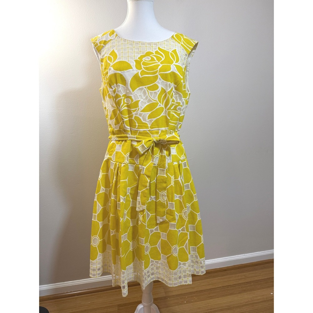 Bethany Floral Lace Fit and Flare Dress Yellow White Sleeveless Tea Dress Mod